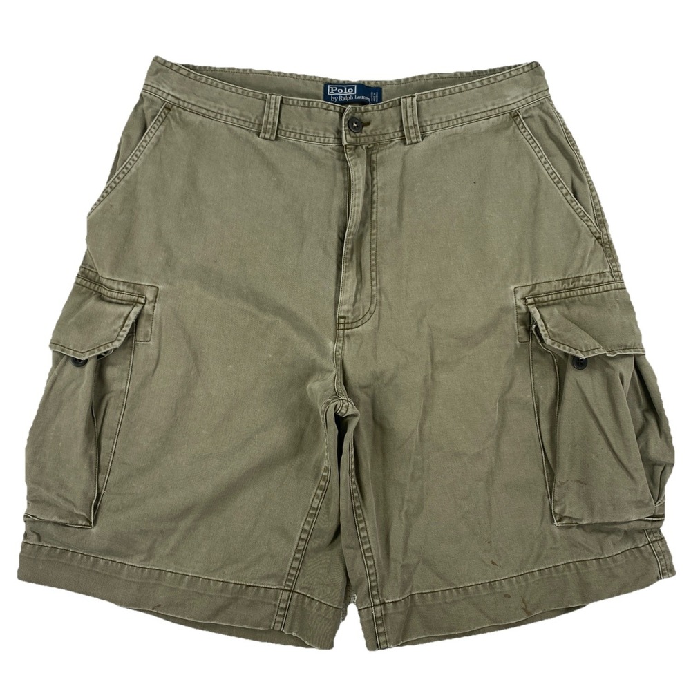 Polo Ralph Lauren 67 Chino Cargo Shorts Green Distressed Men's 35 10" Inseam